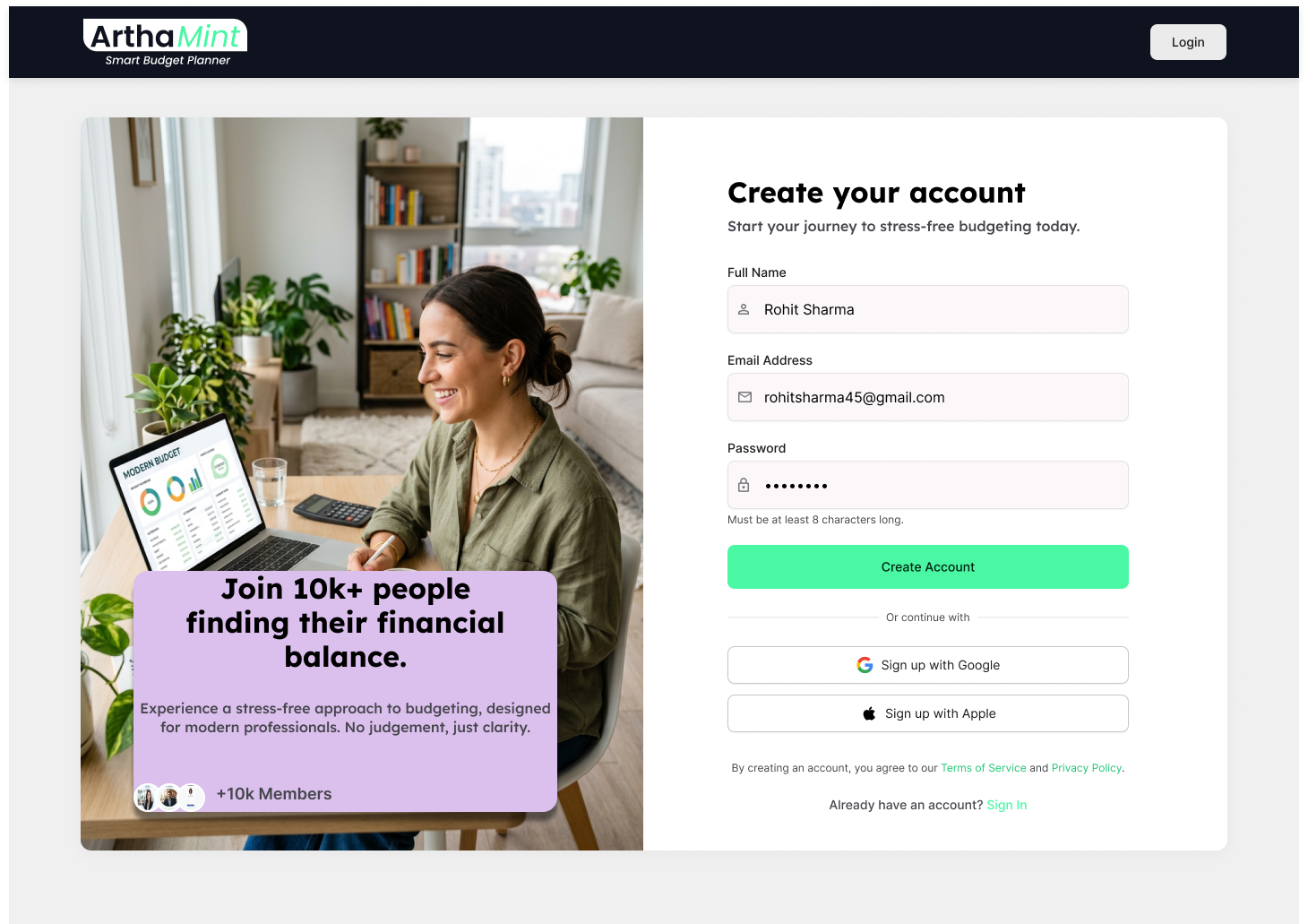 ArthaMint Sign Up Screen