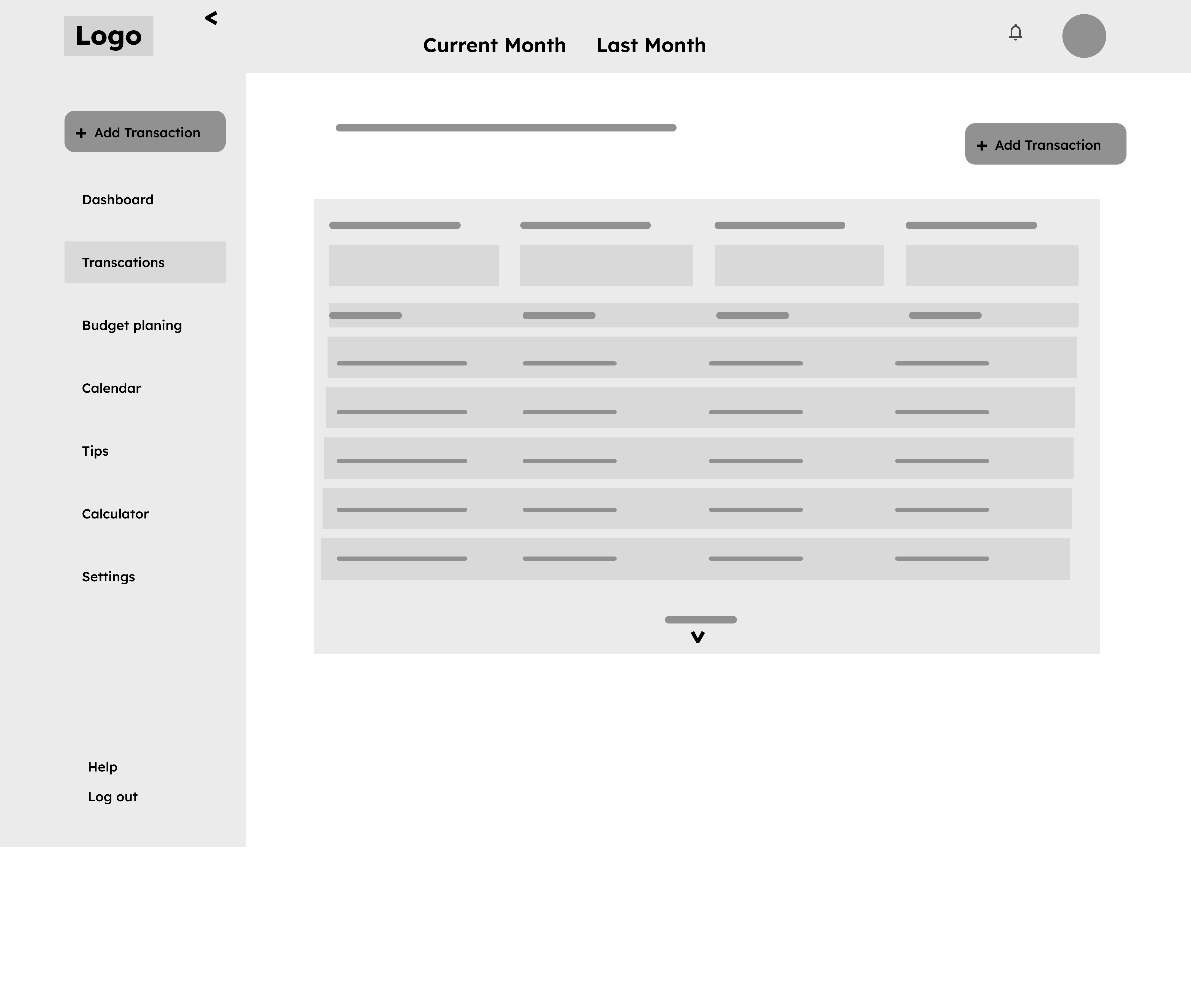 Wireframe of transaction overview screen