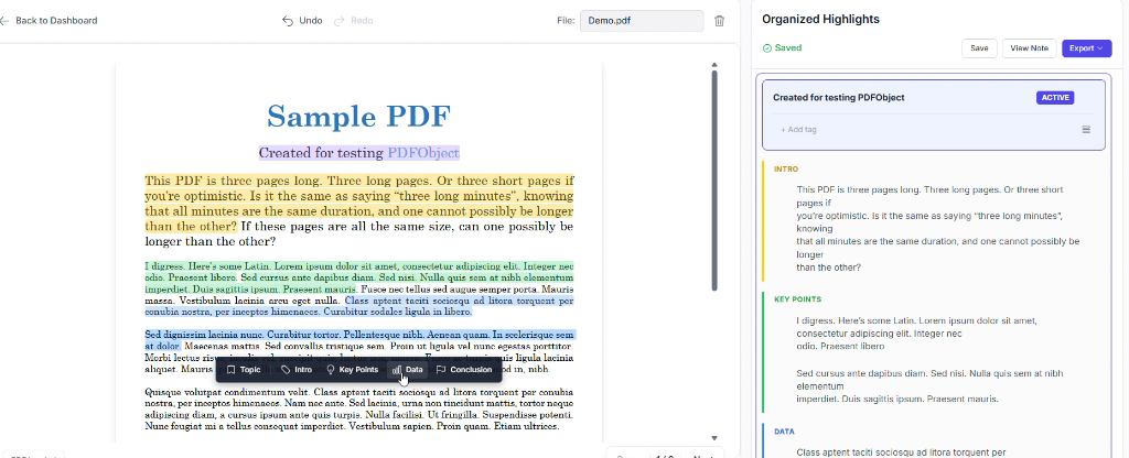 HiLi Notes Workspace - PDF highlighting with organized notes